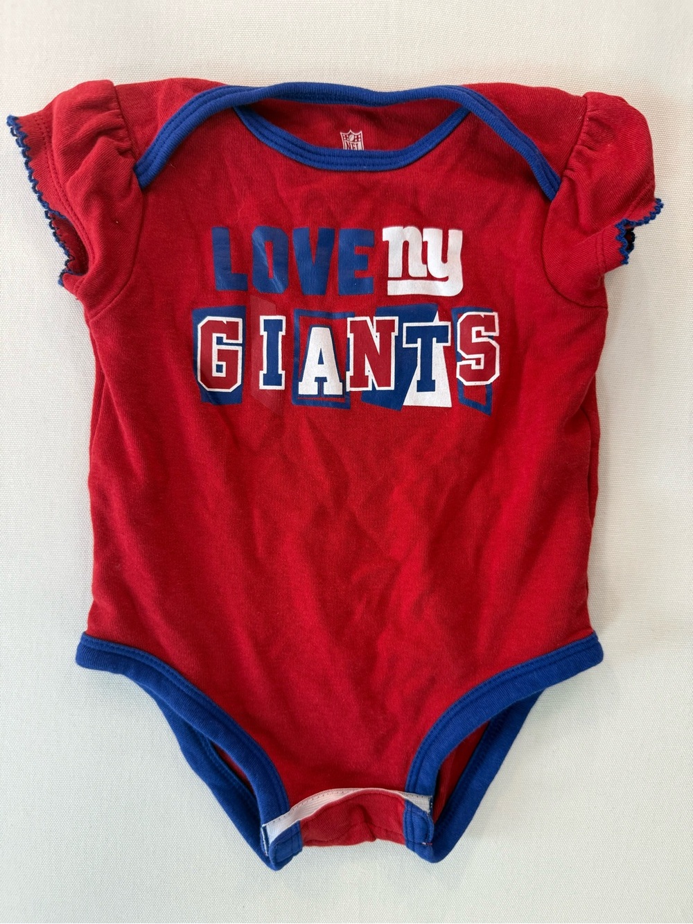 Love NY Giants Red Baby One-Piece with Blue Trim